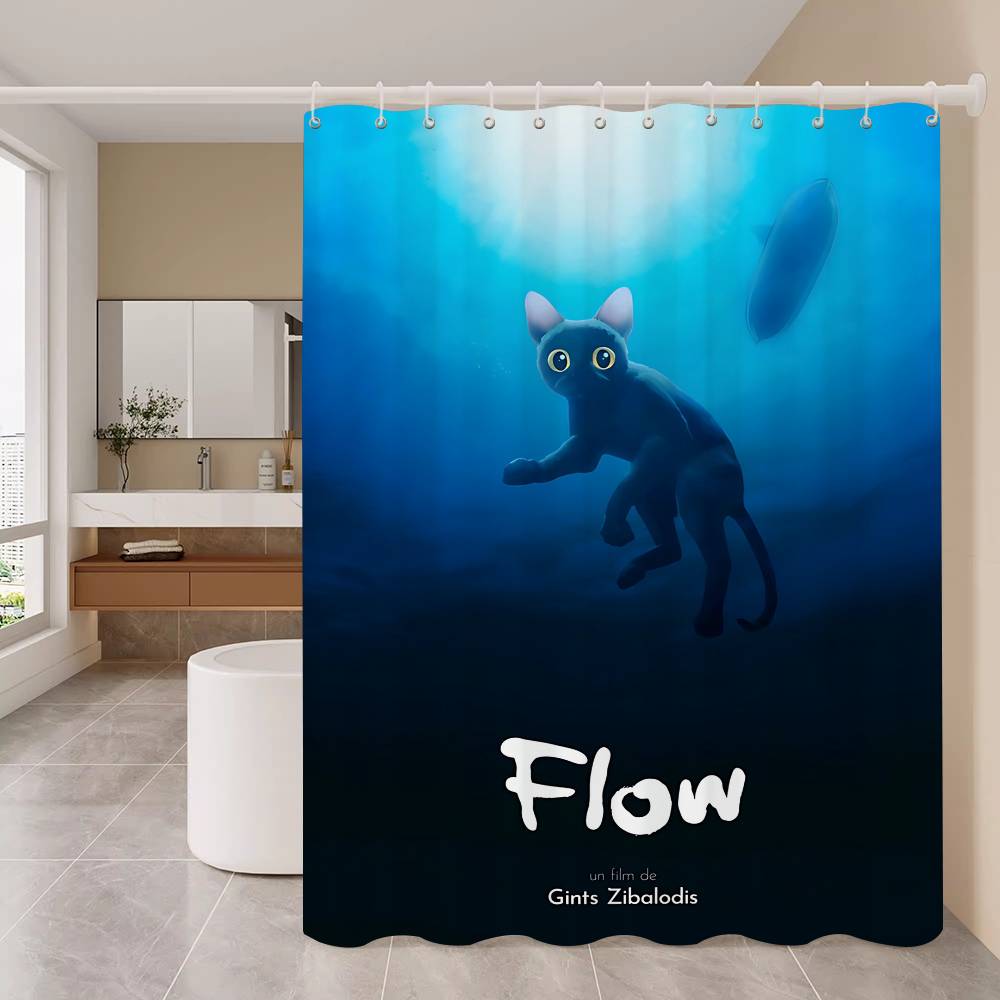 Hit Animated Movie F-FLOW White Shower Curtain, Bathroom Decorative Shower Curtain, Waterproof Shower Curtain With Hooks