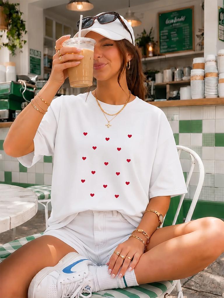 Tiny Red Hearts Graphic Tee Unisex Cute Love Pattern Print Short Sleeve White Tshirt Loose Fit Casual Summer Trendy Fashion Top