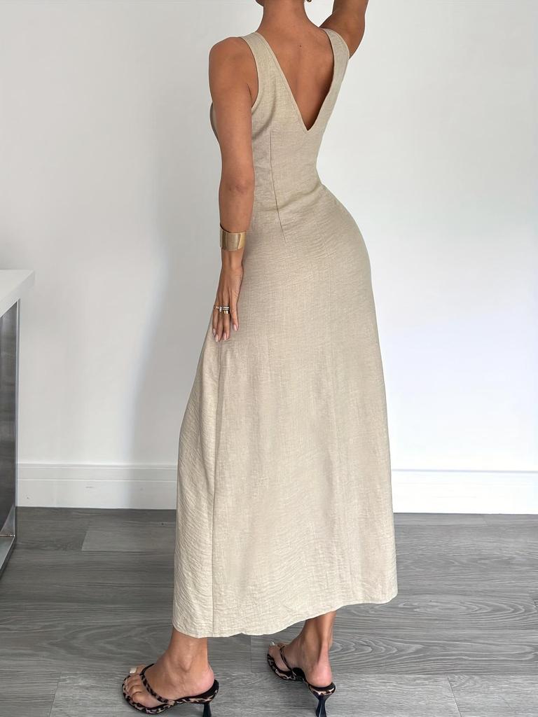 2026 Elegant Waist-Cinched A-Line Sleeveless Long Dress with V-Back In Solid Color
