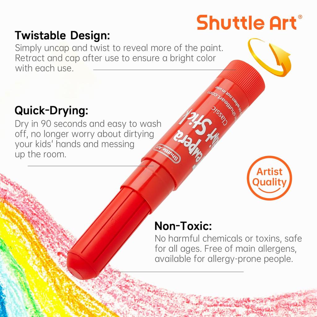 Shuttle Art Tempera Crayon Set of 40 Colors, Pastel, Metallic, and Neon Colors, Quick Drying, Removable with Water, Tempera Paint Stick, Retractable,
