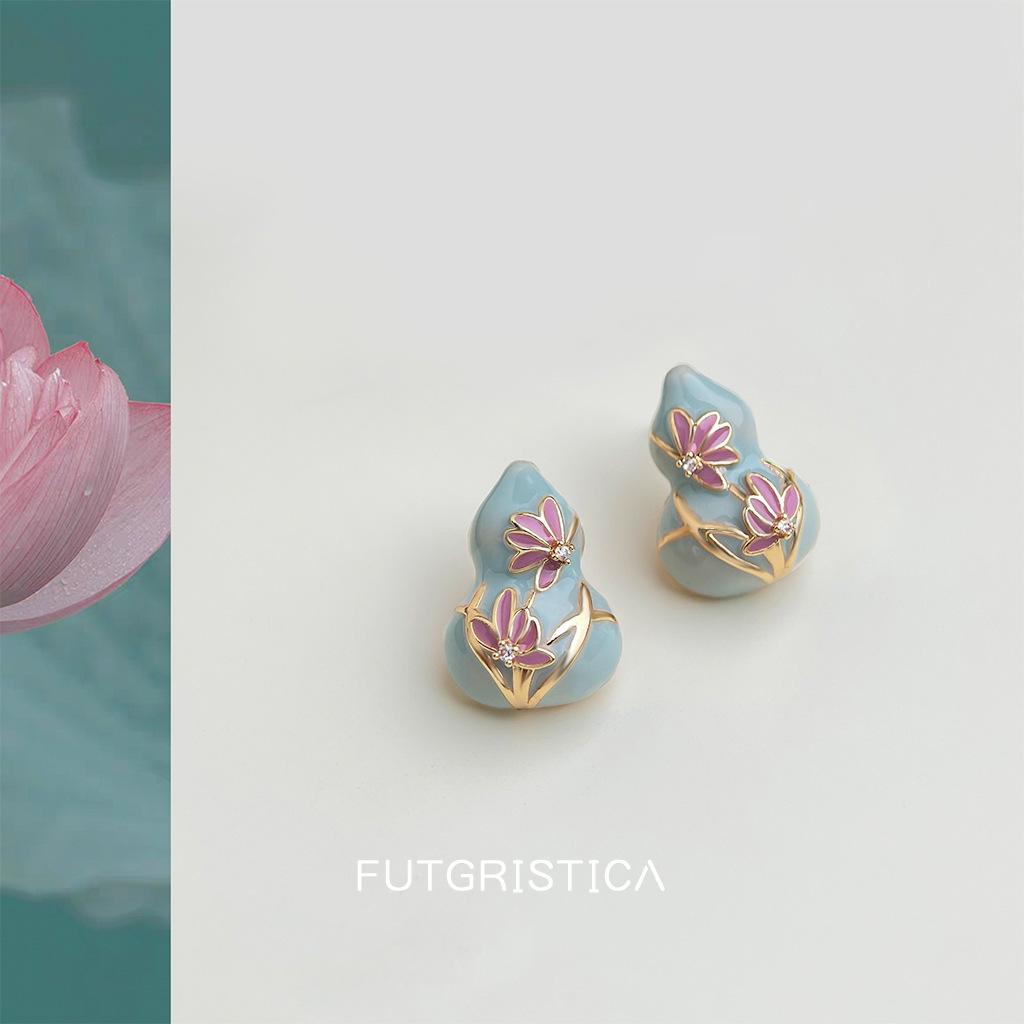 Fulu~ Оригинальный дизайн Guochao новые китайские эмалированные серьги-гвоздики с рисунком лотоса и тыквы