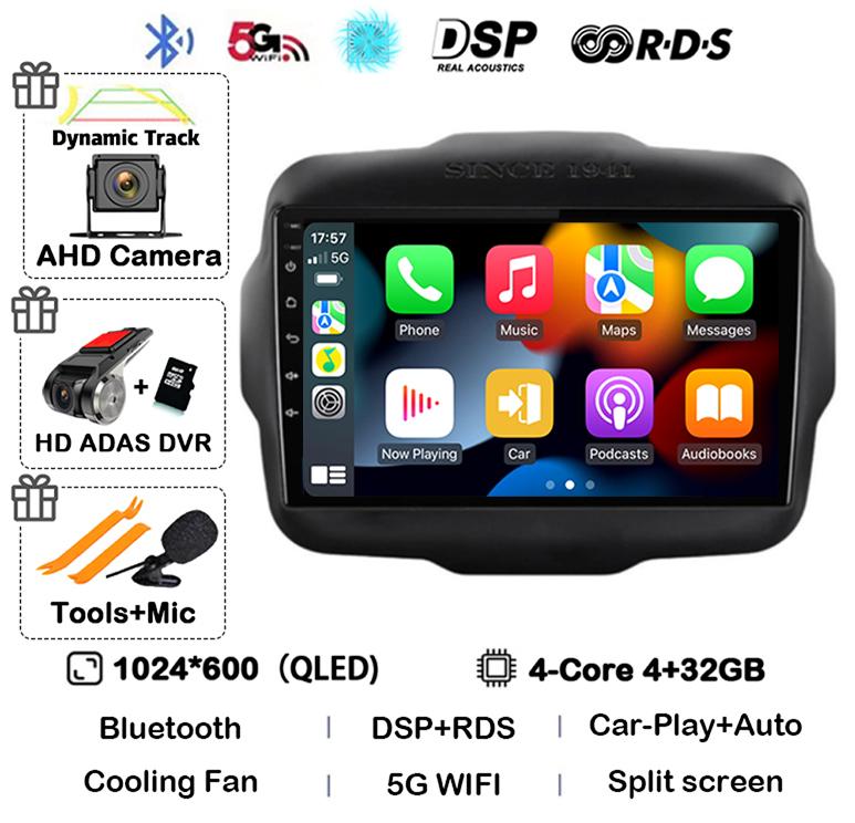 Android 14 Auto Carplay WIFI+4G LTE Car Radio For Jeep Renegade 2016 2017 2018 2019 2020 Multimedia Player GPS Stereo 360 Camera