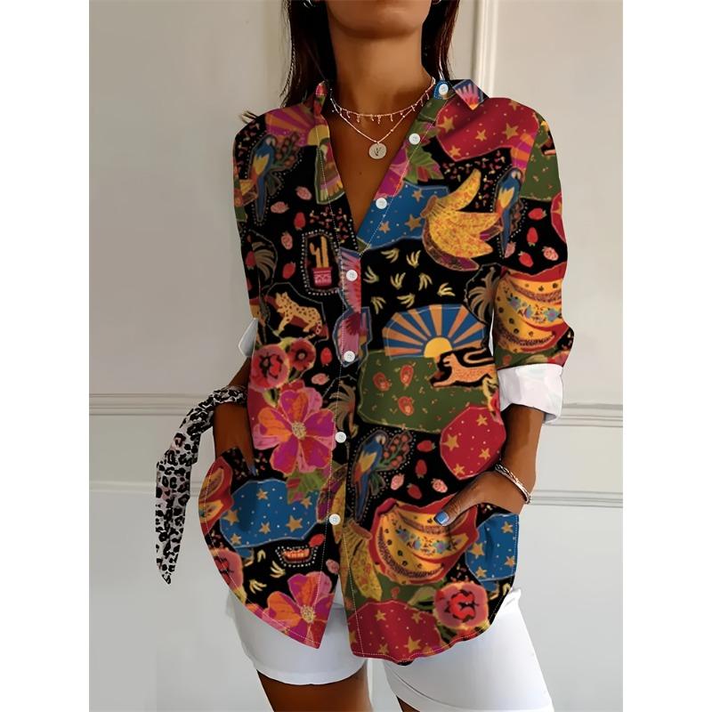 Autumn Women's Casual Long Sleeve Shirt Beautiful Flower Print Travel Lapel T Shirt Elegant Single Breasted Tops Long Shirt