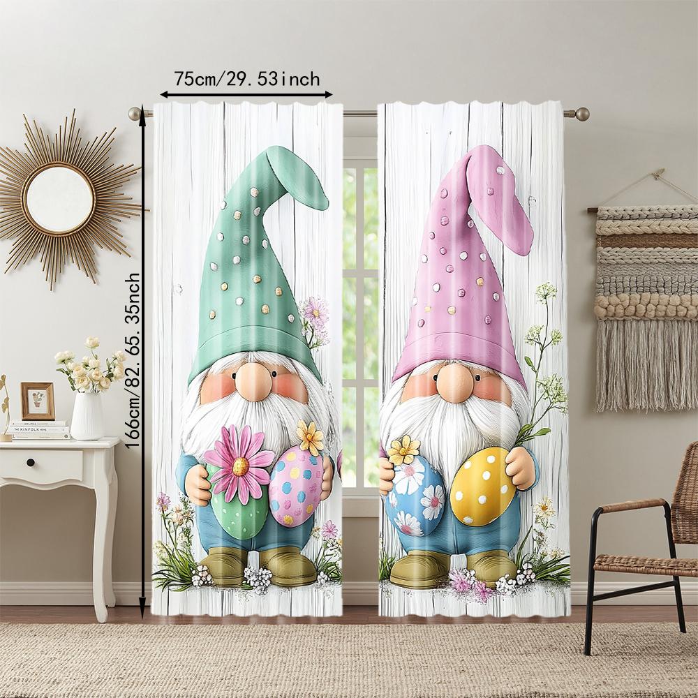 2Pcs Easter Egg Gnome Rabbits Printed Window Curtain For Bedroom Office Kitchen Living Room And Study Rod Hole Window