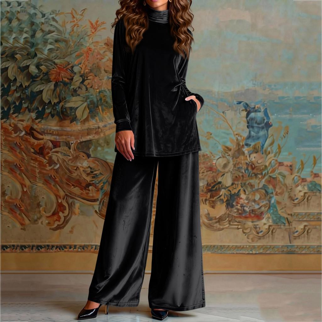 Women's Fashionable Casual Velvet Loose,fitting High,neck Slit Top And Wide,leg Pants Set