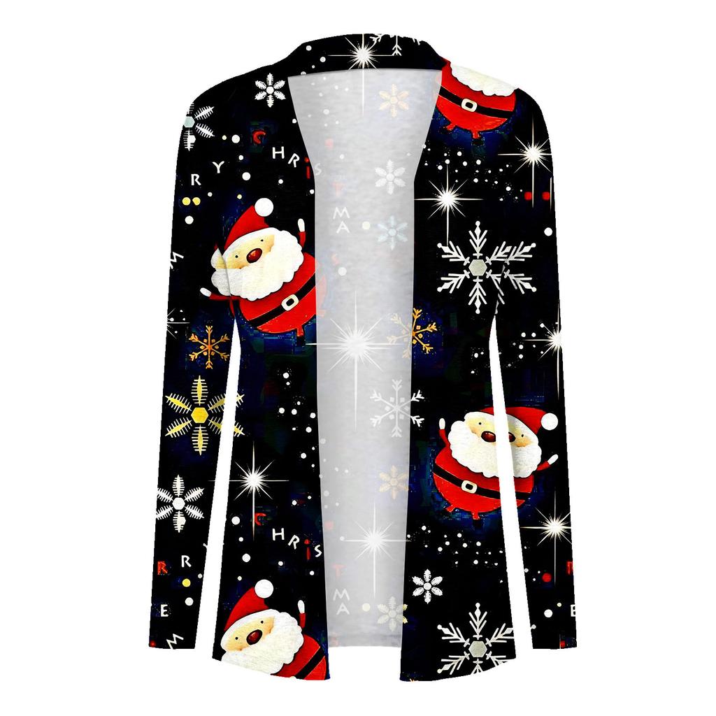 Women's Christmas Print Irregular Long Sleeve Cardigan With Pocket Jacket