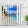 Tropical Landscape Shower Curtain 3D Open Window Ocean Beach Starfish Shell Palm Tree Scenery Waterproof Bathroom Decor Curtains