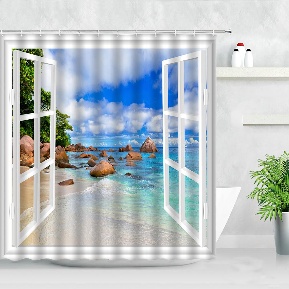 Tropical Landscape Shower Curtain 3D Open Window Ocean Beach Starfish Shell Palm Tree Scenery Waterproof Bathroom Decor Curtains