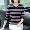 Middle-aged Mom Autumn Clothes Plus Size Loose Cotton Long Sleeve T-shirt Women's Autumn Clothes Wear Undershirts with Striped Tops