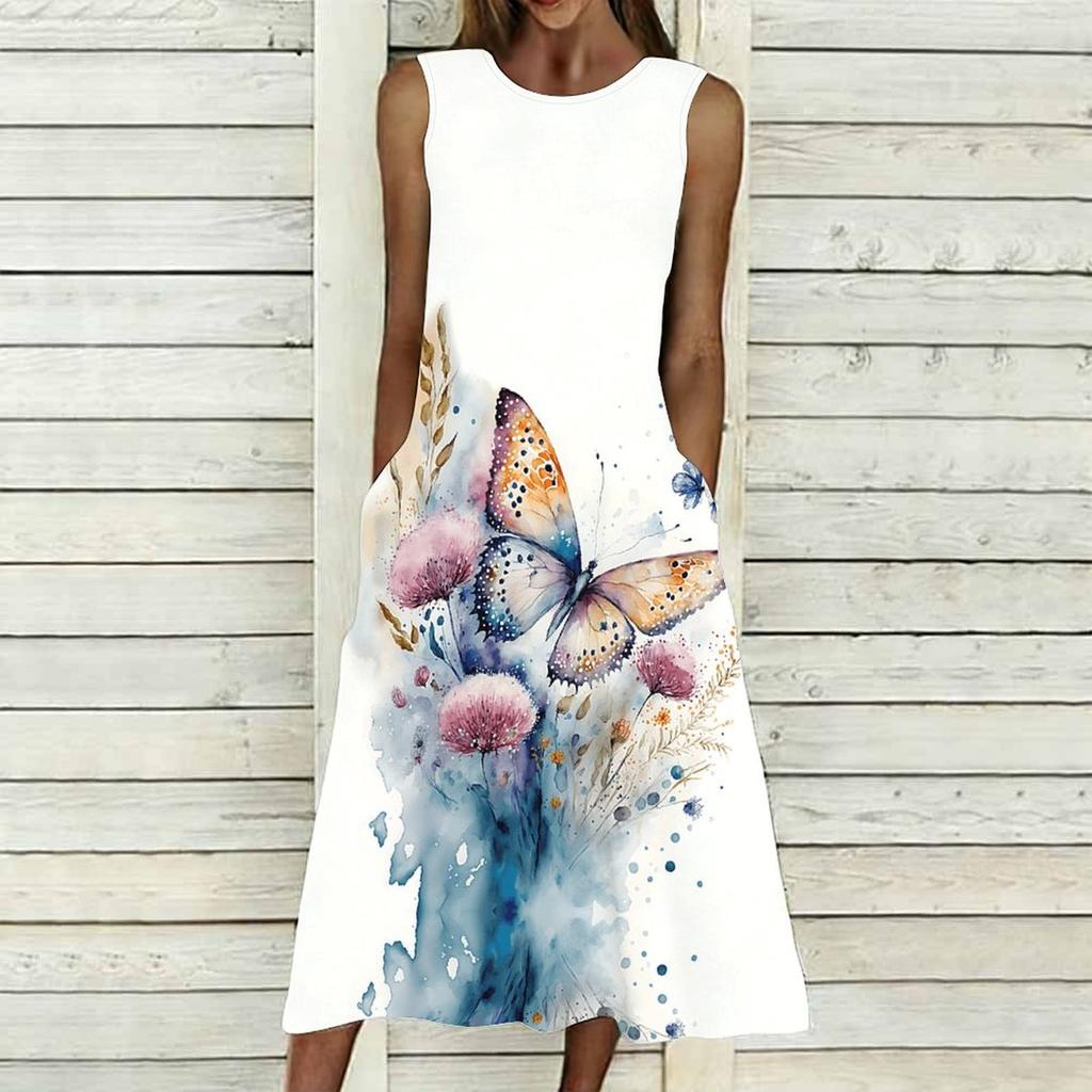 Oversized Female Sleeveless Crew Neck Dress Gentle Watercolor Flower Cluster Loose Midi Dress
