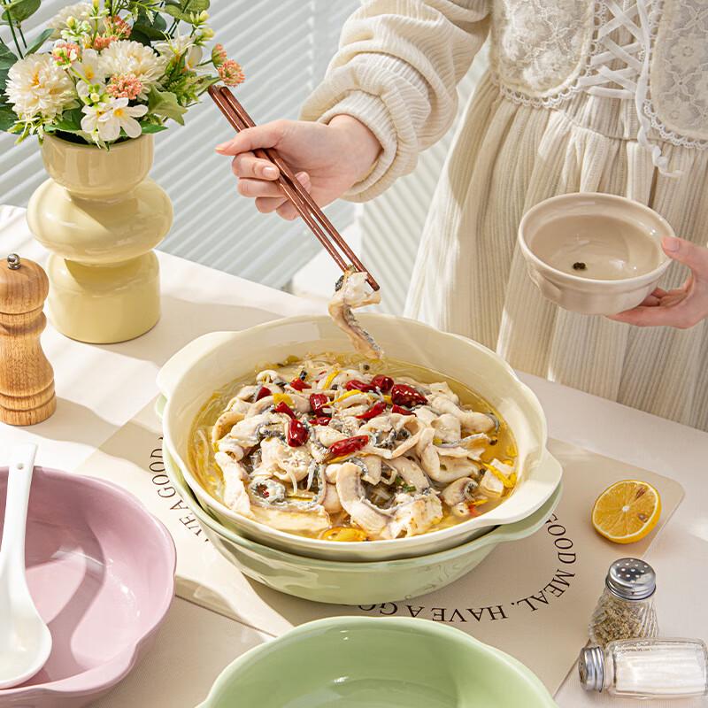 Cream Style Large Ceramic Soup Bowl with Double Handles