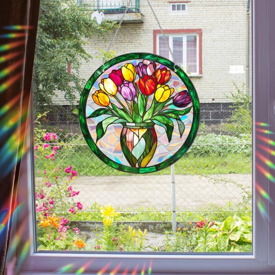 Stained Glass Window Hanging Ornament Colorful Acrylic Suncatcher Panel with Chain