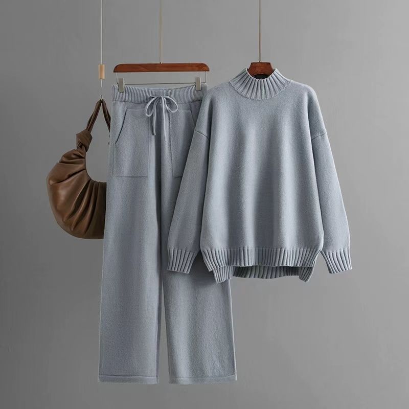 Fashion Winter Knitting Mock Neck Sweater Pants Suit Knited Sweater and Pants Set