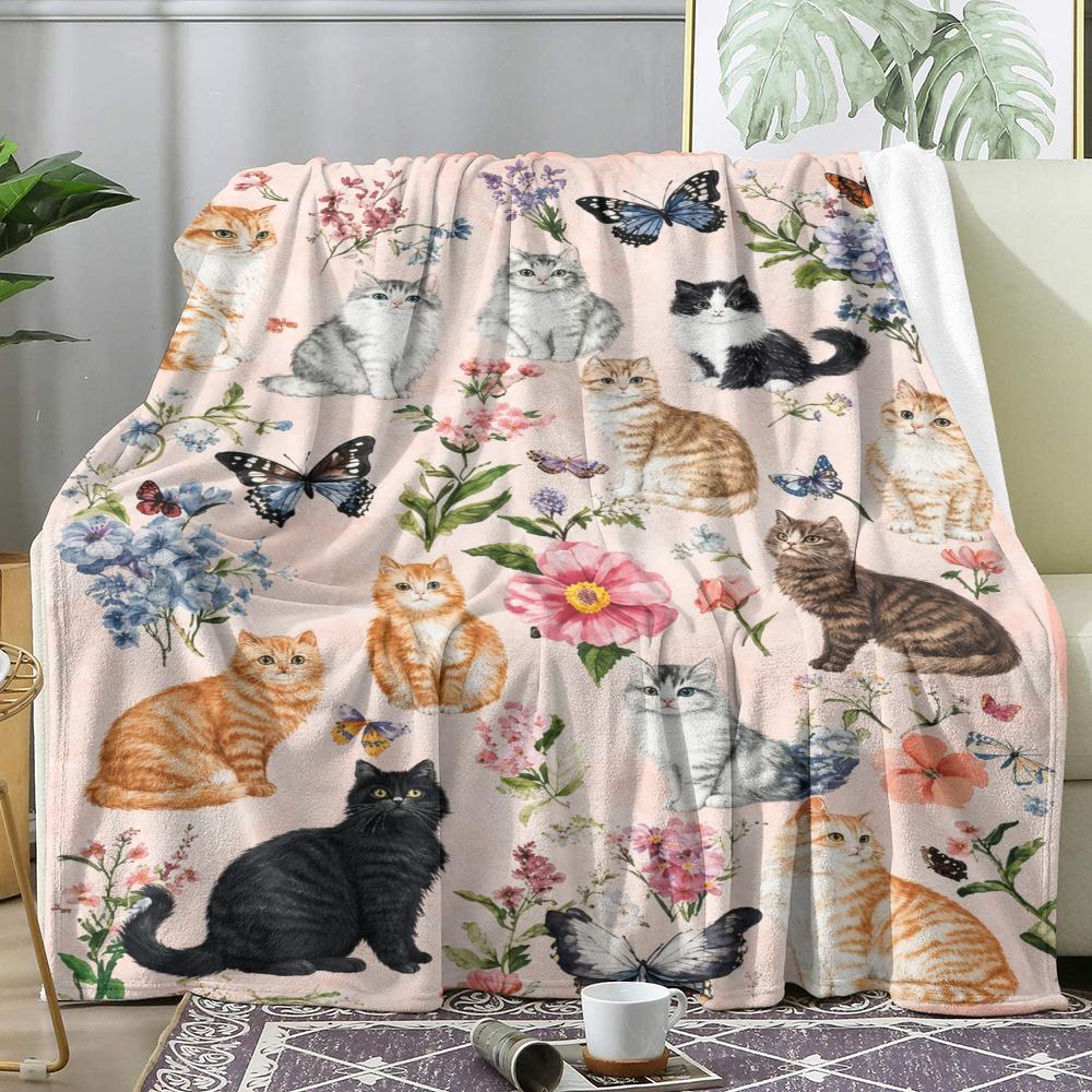 Cute Cats And Floral Throw Soft Flannel Throw Summer Blanket Lightweight Cozy Nap Blanket for Sofa Bed Travel 75cmx90cm