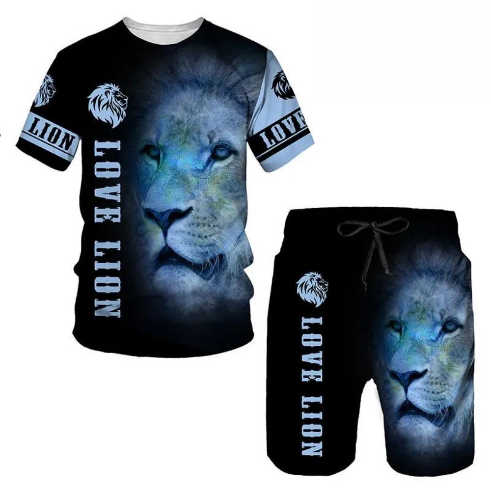 Summer Round Neck 3D Animal Printed Set Fashionable and Casual Short Sleeved Shorts Men's Sport Wear