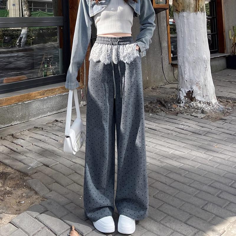 

Кружевные лоскутные брюки в горошек с широкими штанинами для женщин, коллекция весна 2025 - эластичная талия, свободный крой, длина до пола M