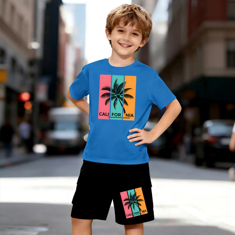 Boys 2 Piece American Vacation Style Print Outfit, Short Sleeve T-Shirt and Shorts Set for Kids Age 5-14,Black and White Sporty Casual Summer Clothes