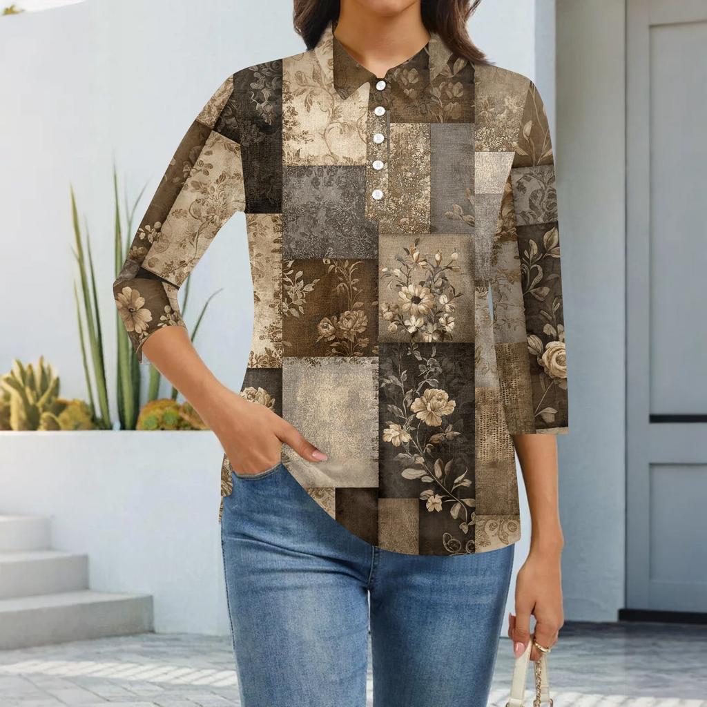 Women's Fashion Casual Lapel Short 3/4 Sleeve Print Shirt Women's Button Up Tops