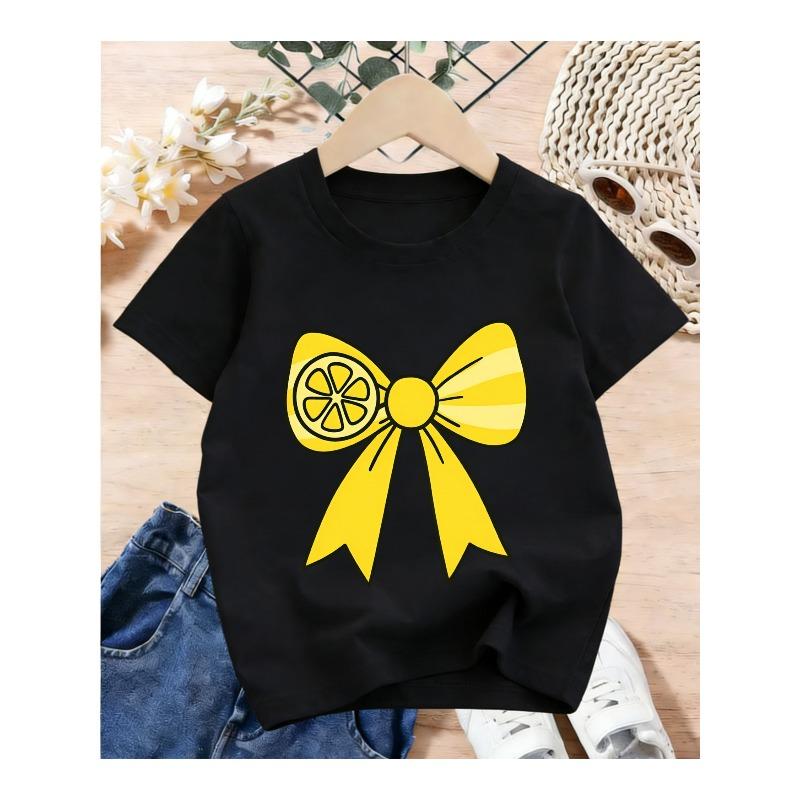 

European sizes Cute Lemon Yellow Short-Sleeve T-Shirt for Girls with a Butterfly Knot Pattern, Easy And Versatile 164cm