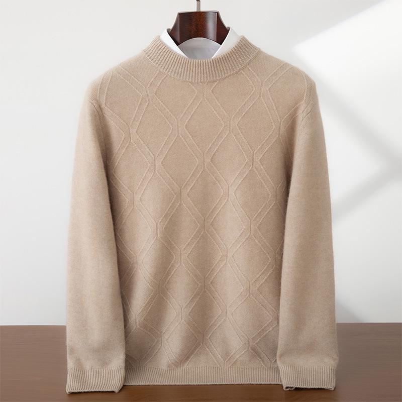 Men s Diamond Jacquard Cashmere Sweater: Round Neck, Thick Knit, Business Casual Large