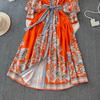 Elegante Vintage Bloemrijke Maxi Jurk Dames Lange Mouw Geplooide Jurk met Vetersluiting Hoge Kraag Enkele Rij Knopen Lente Herfst Jurken