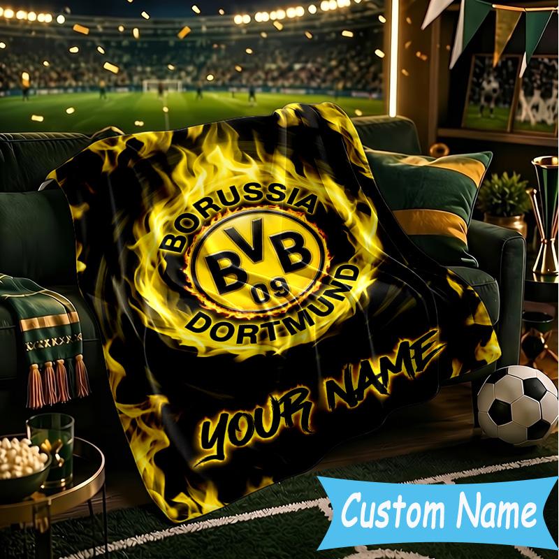 Custom Name Borussia Dortmund Flannel Blanket, Use for Birthday/Holiday Gift, Soft Blanket for Sofa/Bed/Camping/Office, Home Decor