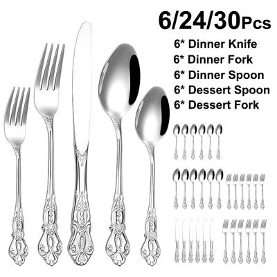 6/24/30 Pièces Ensemble de Couverts Argentés Vaisselle en Acier Inoxydable Service de Dîner Occidental de Luxe Miroir Élégant Couteau Fourchette Cuillère Couverts