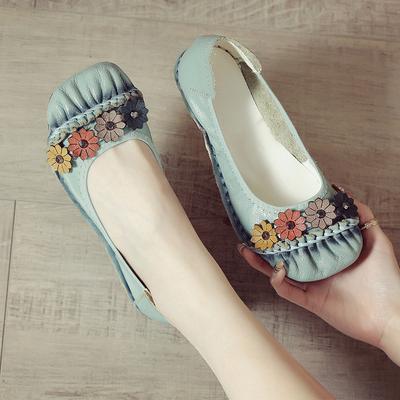 Mode Neue handgefertigte Knautschballerinas Damen Herbst flache Schuhe Frau Blume eckige Zehenpartie Fahrschuhe täglich lange stehende Schuhe