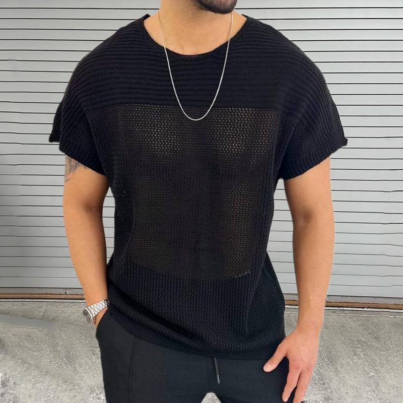 

Thin, Openwork Knit Sweater, Men s Round Neck, Short Sleeves, Pullover Top XXL чорний
