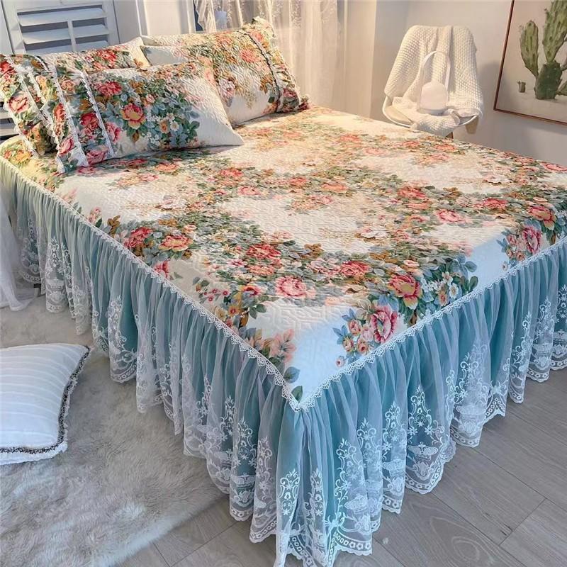 Luxury American Floral Bedding 100% Cotton Quilted Lace Ruffles Bed Skirt Mattress Cover Bedspread Pillowcases Nordic Size 1/3Pc