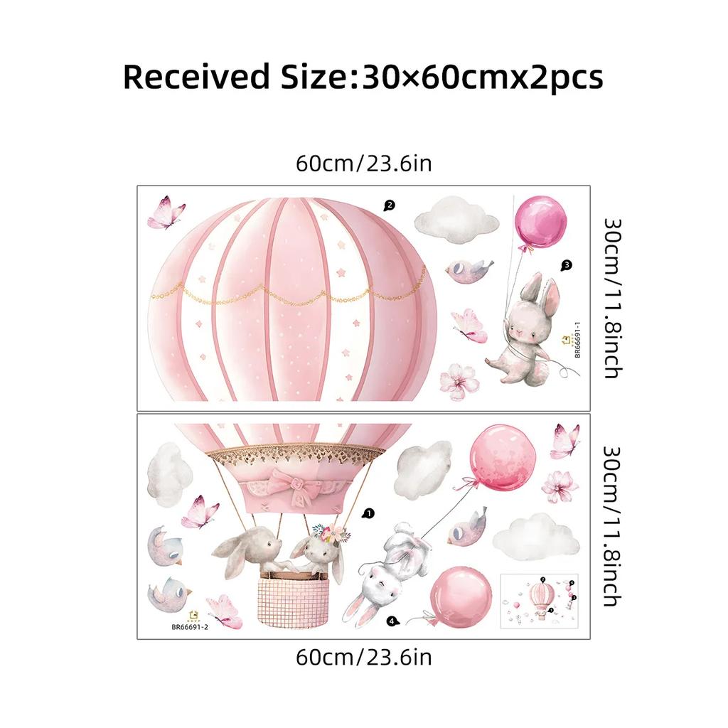 Large Wall Stickers for Kids Room Living Room Nursery Decoration Children Wall Decals Cartoon Cute Rabbit Hot Air Balloon Clouds