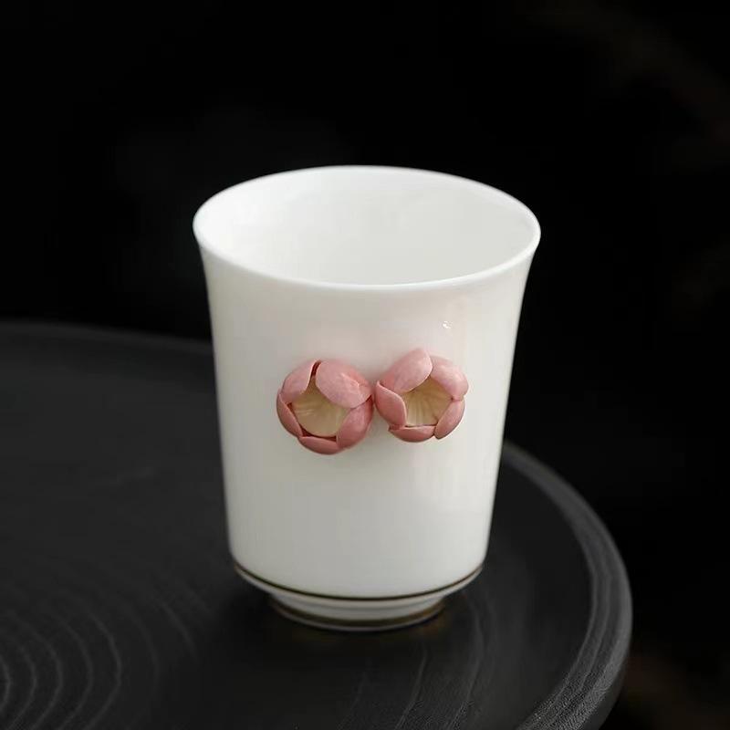 Handmade Floral Embossed Carved Relief Porcelain Tea Cup 80ml Chinese Kungfu Ceramic Cup for Ladies Holiday Gift