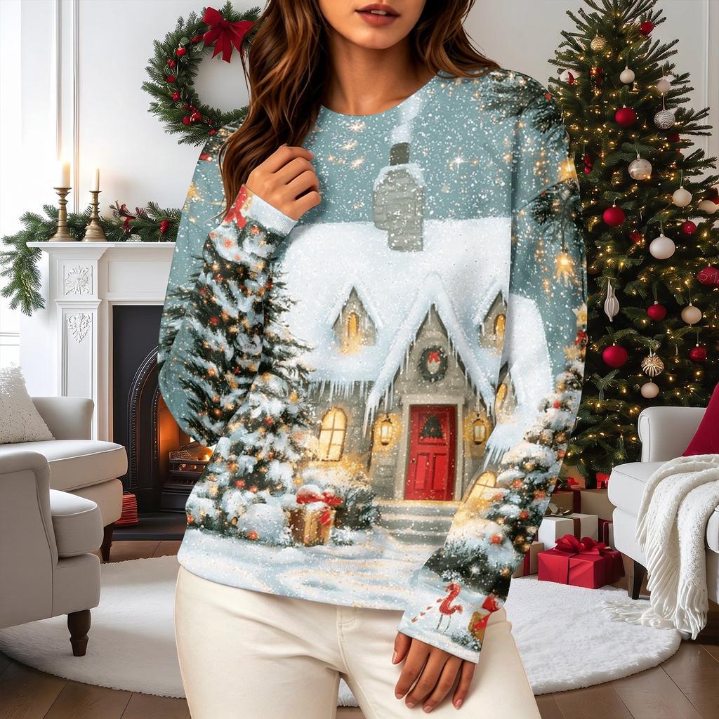 Women's Casual Long Sleeve Christmas Print Neck Pullover Sweatshirt Top
