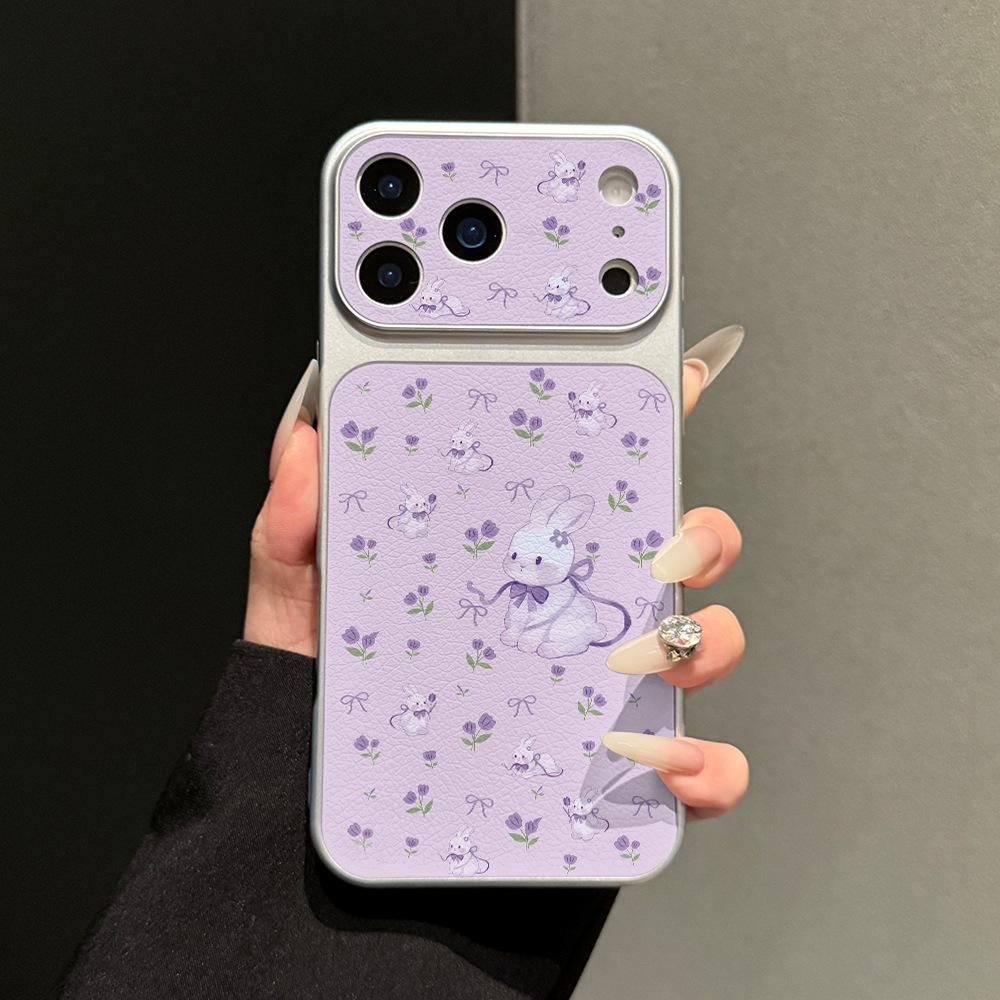 Purple rabbit flower is suitable for Apple 17promax mobile phone case iPhone16plus silver edge 15 leather pattern 14.