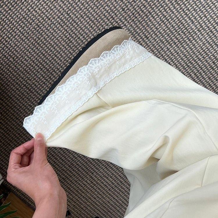 Women's Dopamine Color Block Wide-Leg Pants - Light Yellow Lace Embroidered High Waist Suit Pants