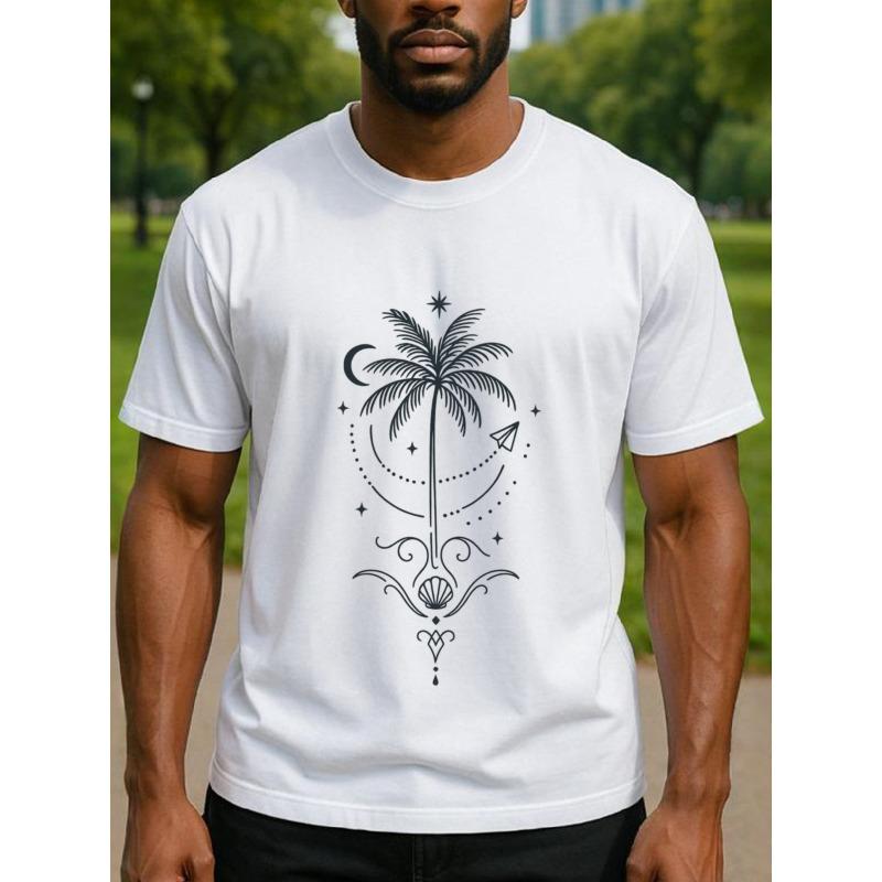 Европейские размеры Мужская футболка с коротким рукавом Тропическая пальма и волны - Свободный крой Повседневная рубашка с принтом, Ткань средней эластичности для пляжа S