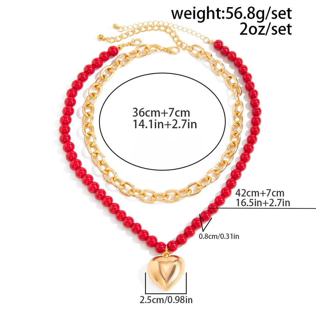Goth Love Heart OT Buckle Pendant Choker Necklace for Women Vintage Red Plastic Beads Chain Daily Jewelry Gift