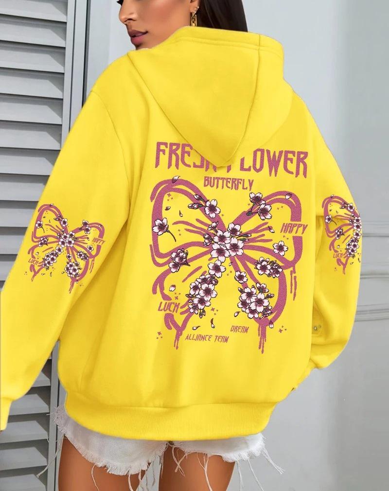 Fresh Butterfly Print Women's Hooded Sweatshirt - Autumn Loose Casual Fleece Pullover with Pockets.