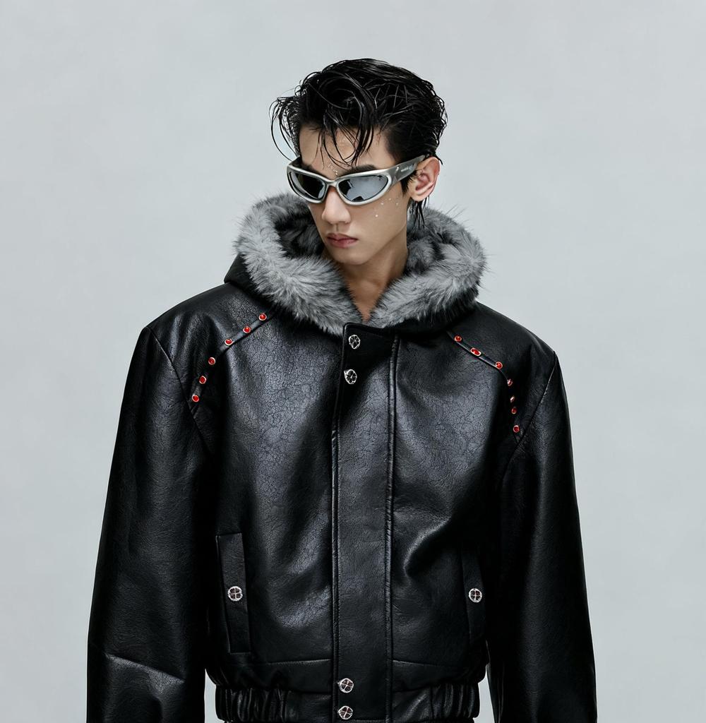 American Hooded PU Leather Winter Jacket with Faux Wolf Fur Collar for Men