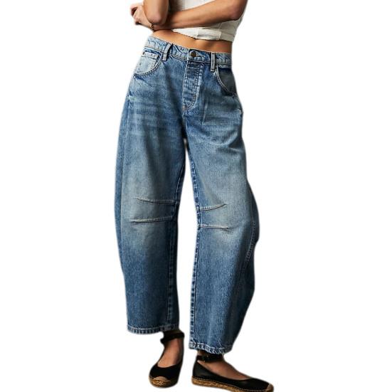 

Цветочные джинсы женские с высокой талией свободные брюки с индивидуальным принтом джинсовая ткань M темно-синий