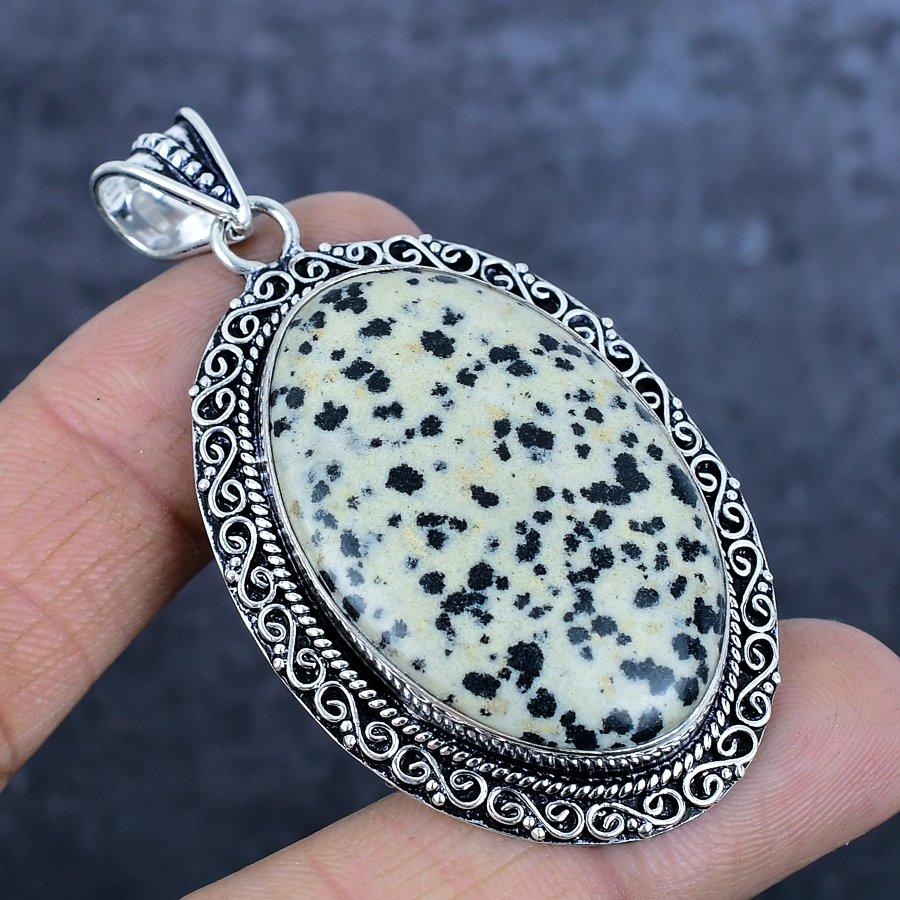 Natural Dalmation Jasper Gemstone 925 Sterling Silver Jewelry Pendant 2.64" i6q46