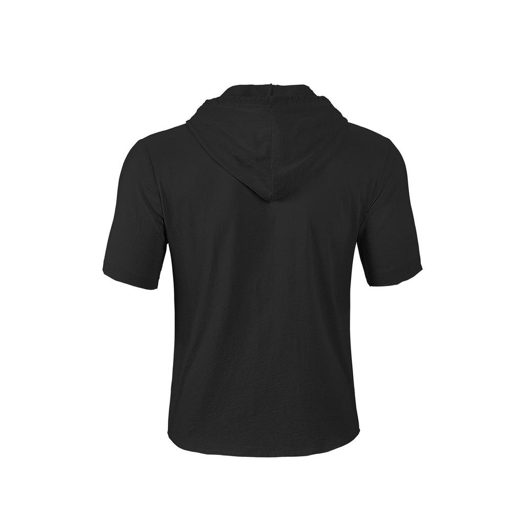 Men's Solid Color Cotton And Linen Short-sleeved Shirt Cardigan Loose Hooded Top