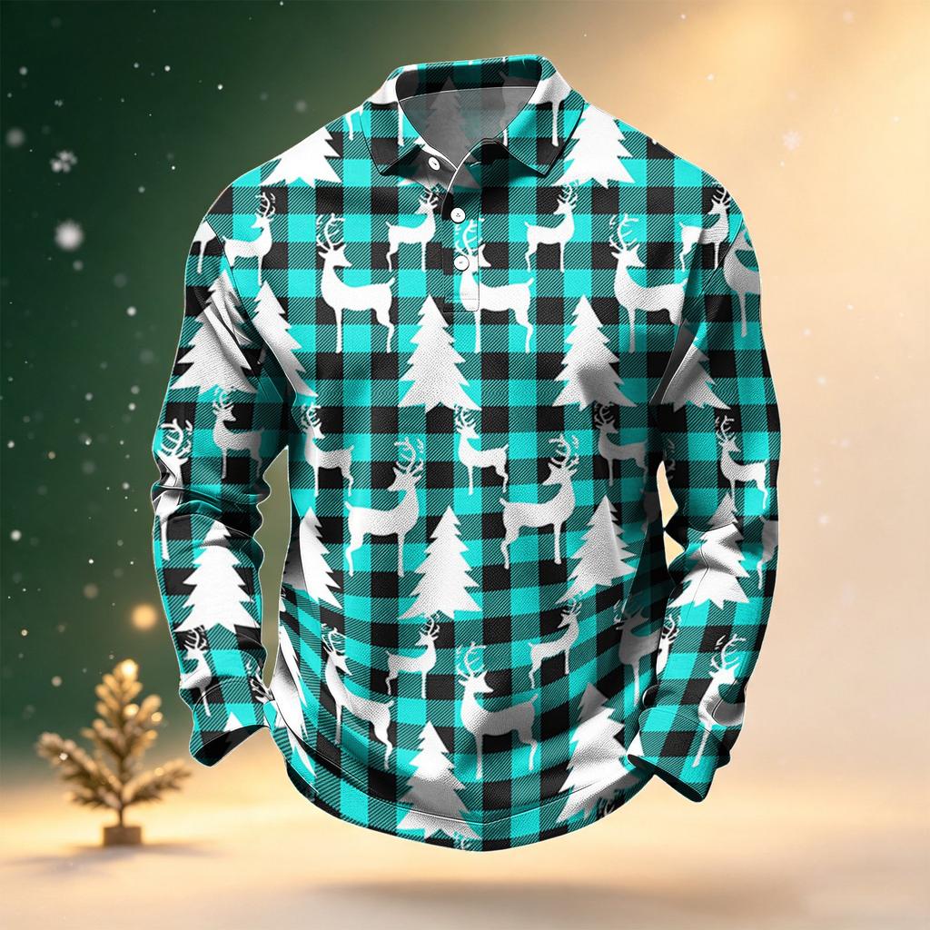 Men's Golf Shirt Long Sleeve Casual Christmas Print Quick-Dry Mesh Top