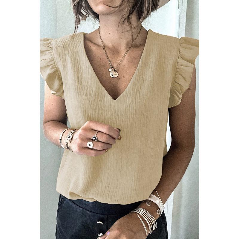 Women European Casual Solid V Neck Sleeveless Ruffle Pullover T Shirt Top