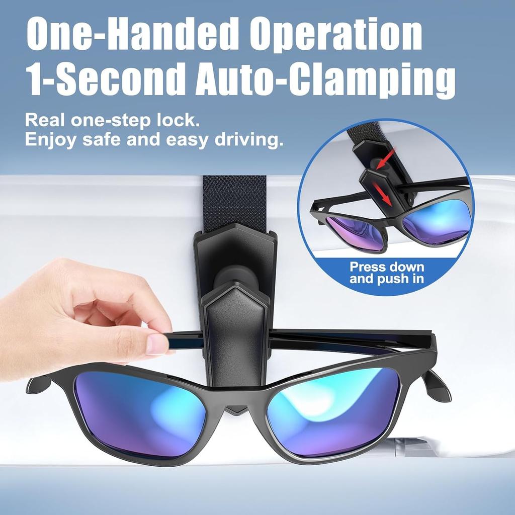 One-Handed-Operation Sunglasses Holder for Car, Visor Sunglass Holder 2 Pack
