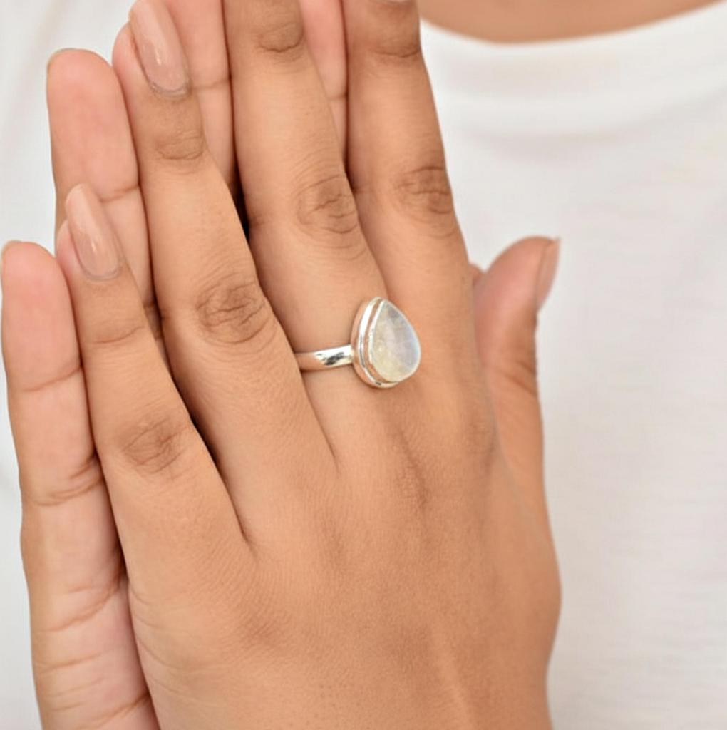 Rainbow Moonstone Pear Statement Ring for Women, 925 Sterling Silver Jewelry, Handmade Minimalist Boho Ring