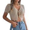 Women Crochet Tops Short Sleeve Lace-up Hollow Design Knitting Tops Sun Protection Summer Vacation Tops
