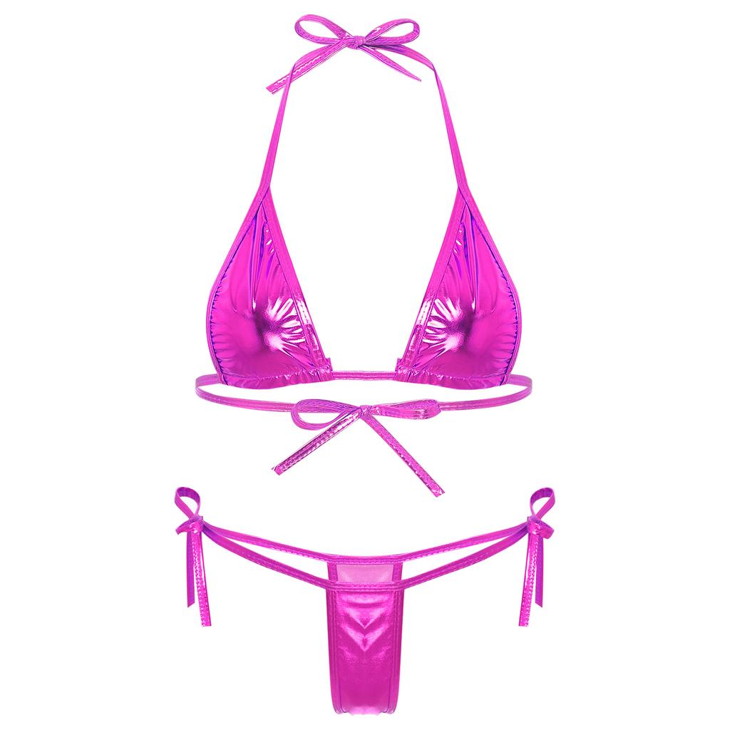 Womens Metallic Bikini Set Lacing Triangle Top G String Swimwear for Pool Parties