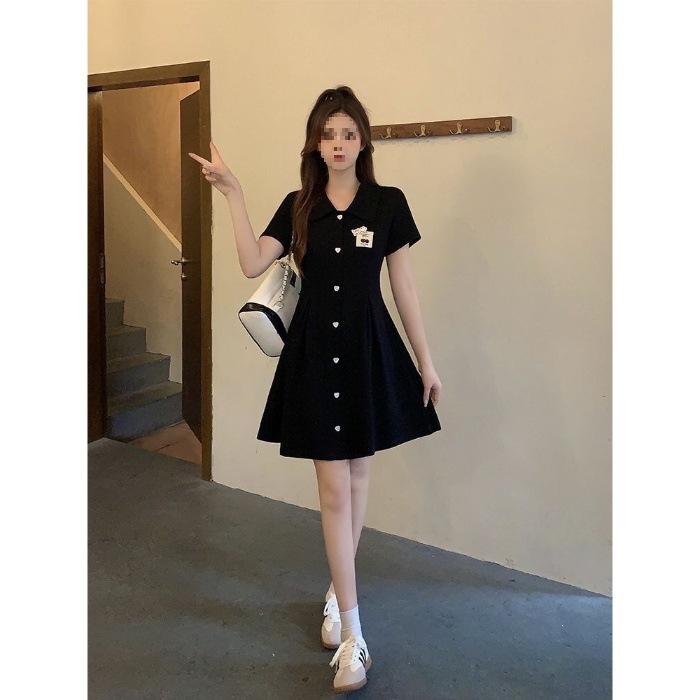 Sweet college style splicing button lapel dress women's small summer waist A word short skirt