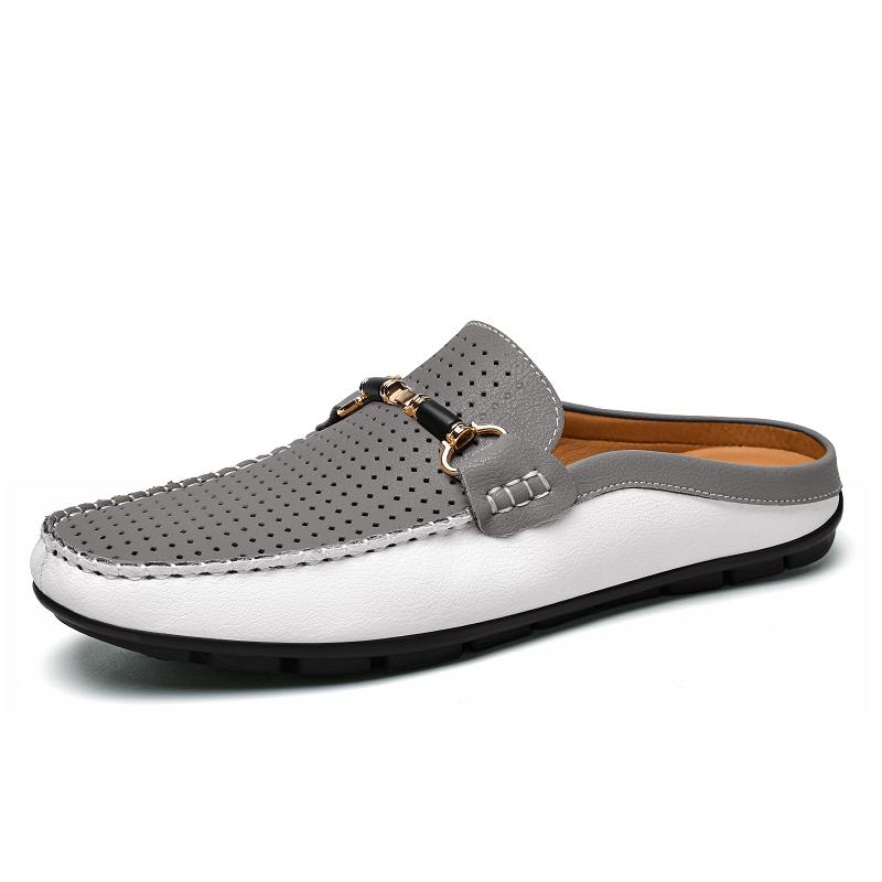 Fashion Men's Breathable Muller Shoes Hollow Out Genuine Leather Slip-On Walking Shoes Fashion Casual Flats Non-Slip Mens Slip on Shoes